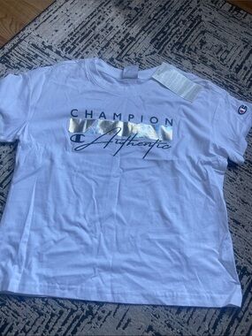 Champion White Tee with Holographic Accent